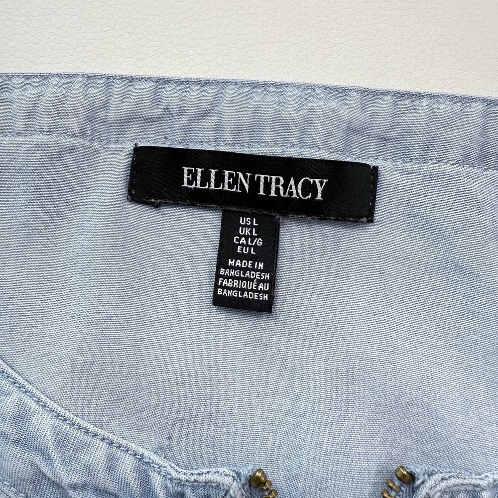 Ellen Tracy Chambray Tunic Top Womens‎ Large Blue Tencel Roll Tab Sleeve Casual - Picture 4 of 6